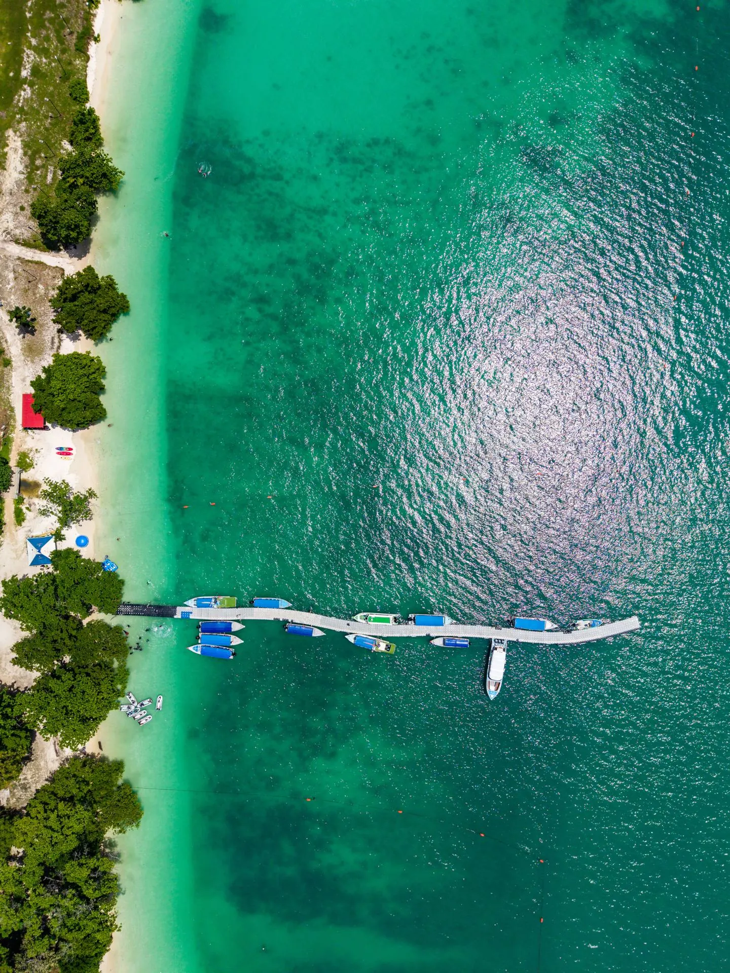 Aerial view of turquoise lagoon and limestone islands near Pulau Dayang Bunting, Langkawi