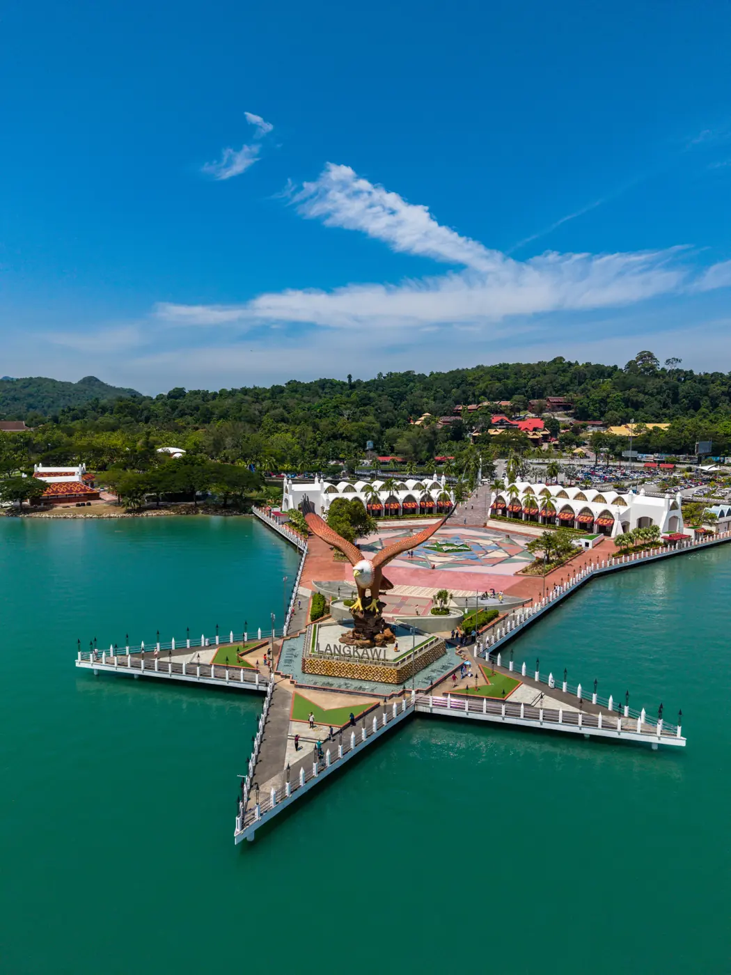 Aerial of Dataran Lang Eagle Square and the jetty, Langkawi