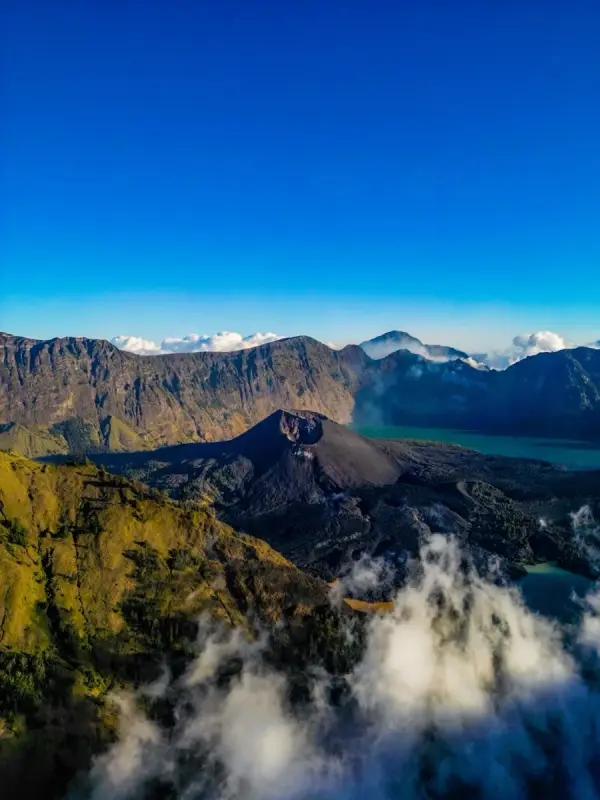 Rinjani volcanic crater drone shot