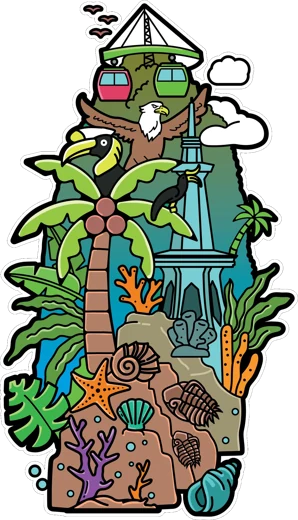 Langkawi UNESCO Global Geopark illustration with the SkyCab, eagle, hornbill, corals and fossils